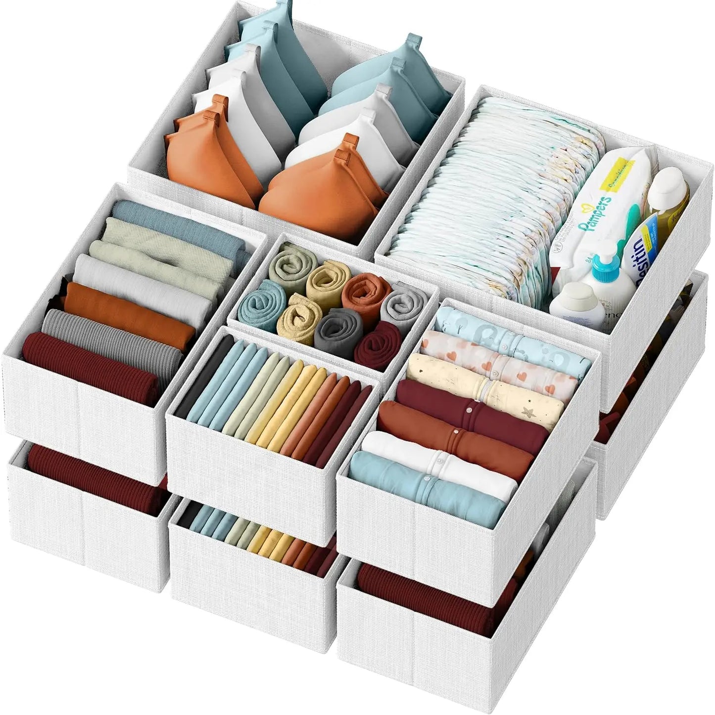 White drawer organizer with compartments filled with various items on a white background
