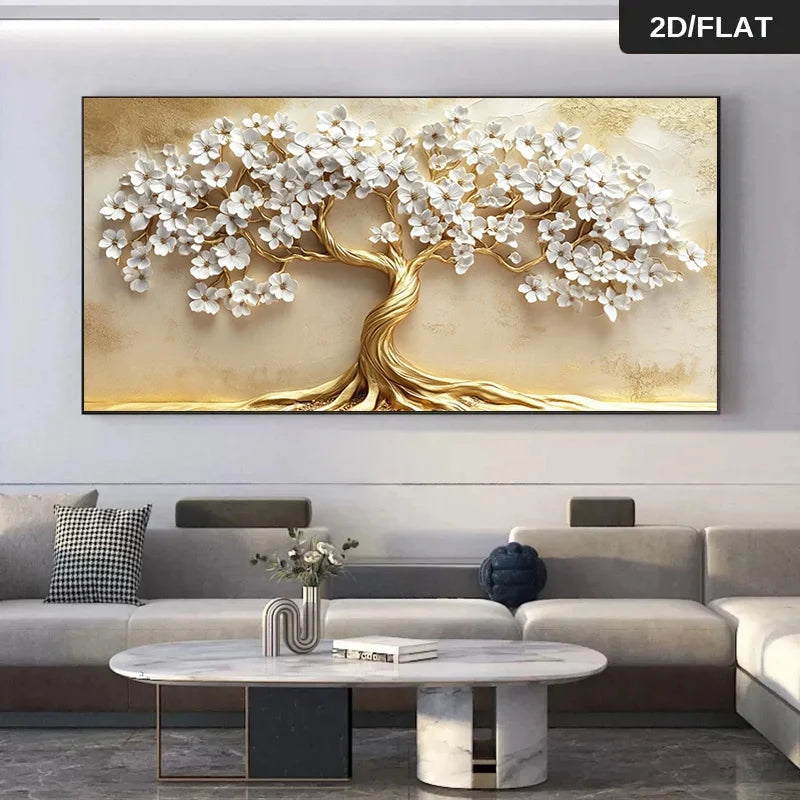 Golden Tree White Blossoms Canvas Wall Art Print – Unframed Canvas Wall Art Peaceful Pleasures Health and Wellness