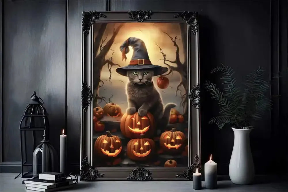 Nordic Style Halloween Poster Aesthetics Ghost Witch Witchcraft Black Cat Pumpkin Canvas Painting Wall Art Room Home Decor Peaceful Pleasures Health and Wellness ZLH5330 90x130cm No Frame
