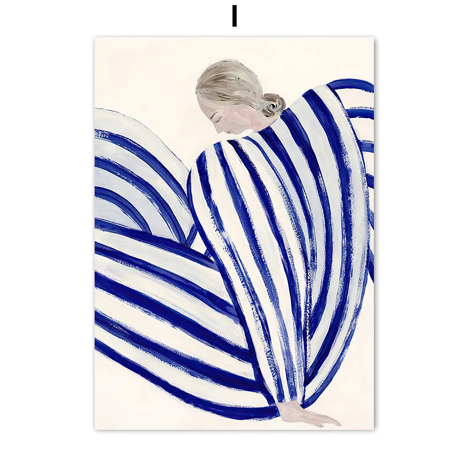 Blue Striped Girl Book Vase Abstract Canvas Wall Art Print