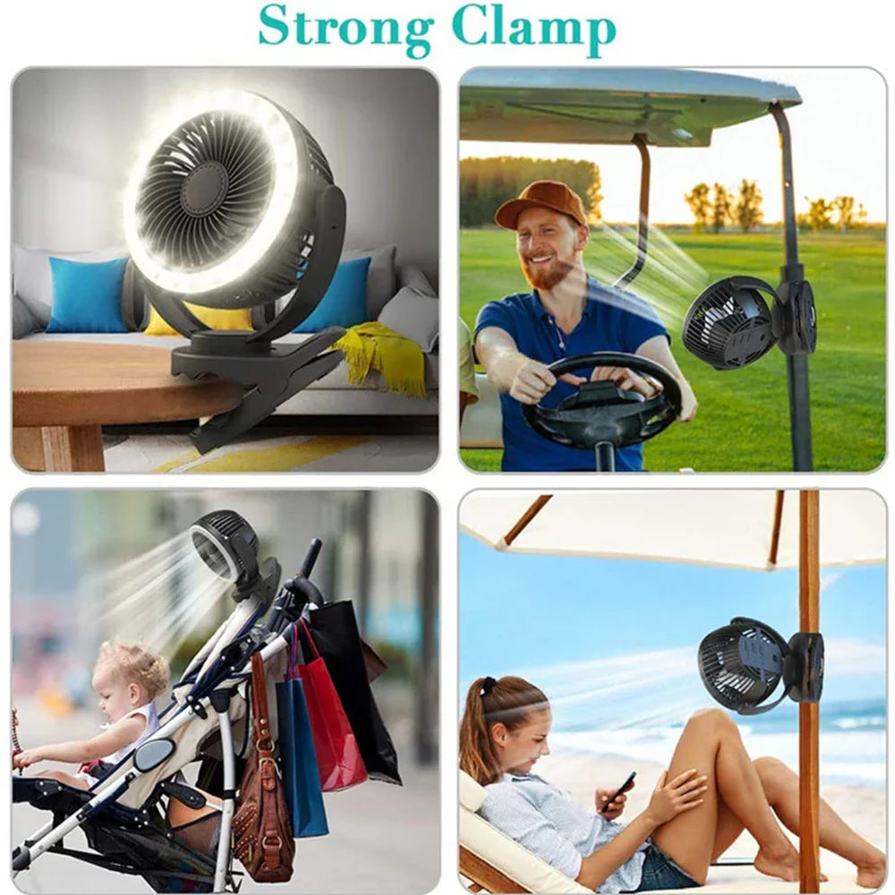 9000mAh Clip Fan with LED Lamp – Rechargeable Portable Fan