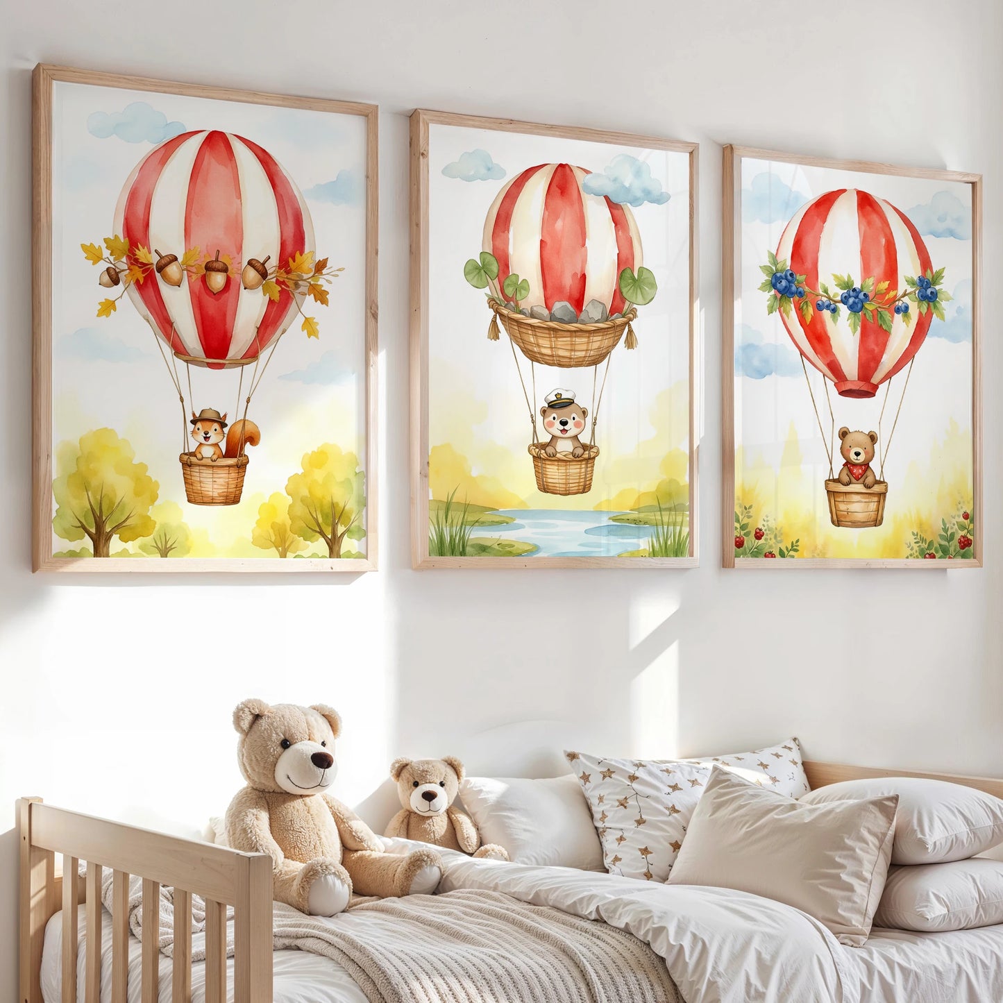 Watercolor Hot Air Balloon Animals Canvas Wall Art | Kids Room
