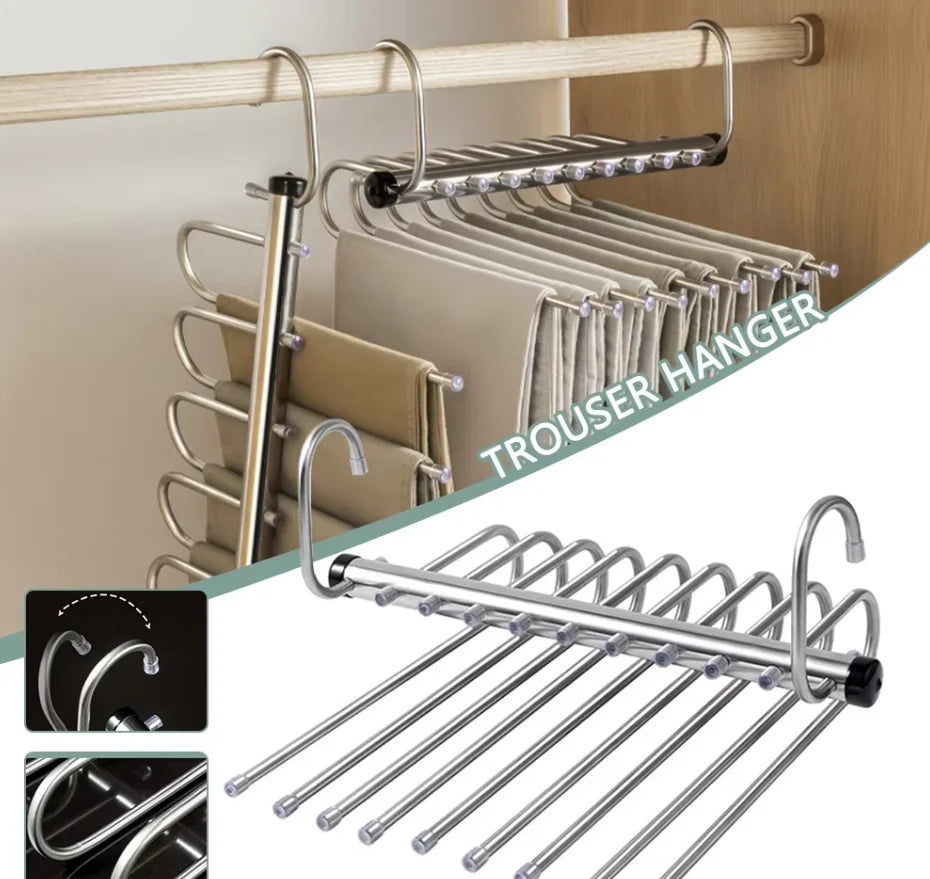 Stainless Steel Folding Pants Hanger – Multi-Layer Magic Clips & Retractable Space-Saving Organizer Peaceful Pleasures Health and Wellness