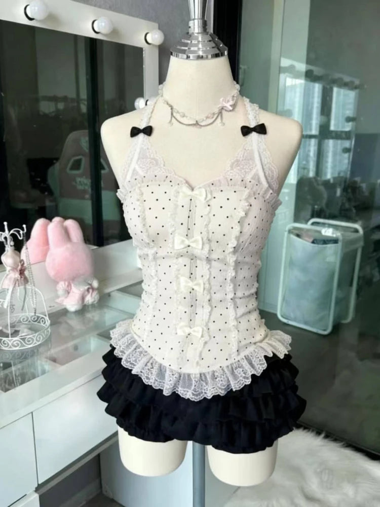 French Style Sweet Cute Polka Dot Splicing Dress Lace Bow Korean Fashion Dresses New Design Slim Waist Lady Y2k Mini Dress Peaceful Pleasures Health and Wellness 12229Beige Black Set XL