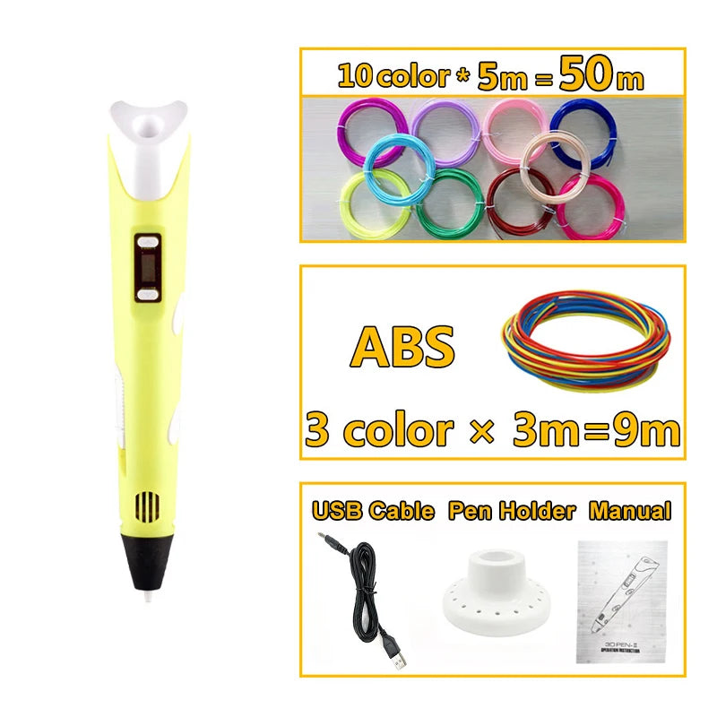 3D Pen 3D DIY Drawing Pen With LCD Screen Compatible PLA Filament Toys Safe 3D Pen for Children Kids Christmas Birthday Gift Peaceful Pleasures Health and Wellness Yellow B China Mainland