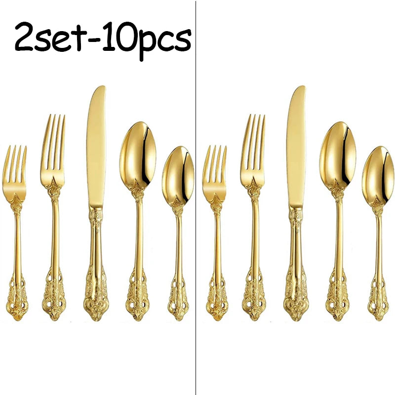 Stainless Steel Dinnerware Sets High-grade Knife Fork And Spoons Cutlery Kits Gold Plated Floral Pattern Tableware Dropship Peaceful Pleasures Health and Wellness 2set golden