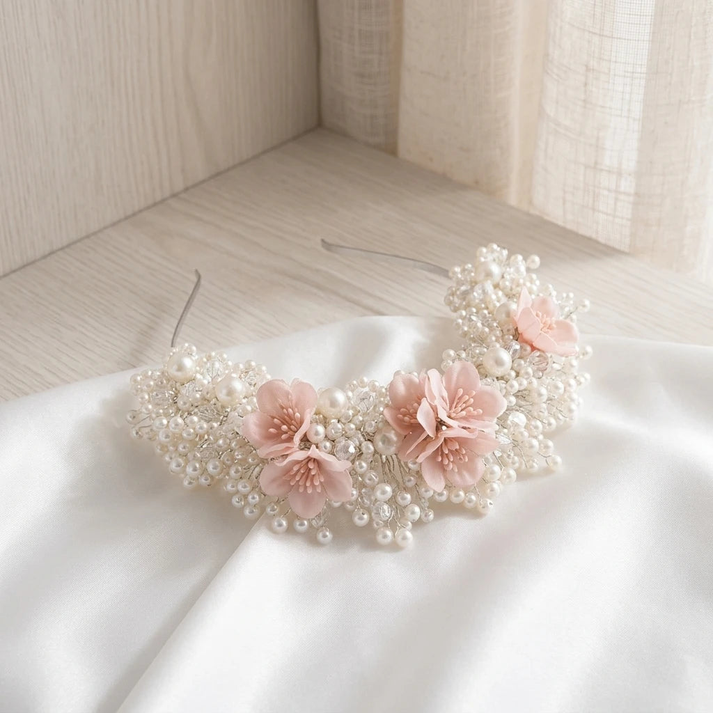 Bridal Pearl Hairband with Korean Style Pink Flower Wedding Accessory for Elegant Ceremony Look Peaceful Pleasures Health and Wellness