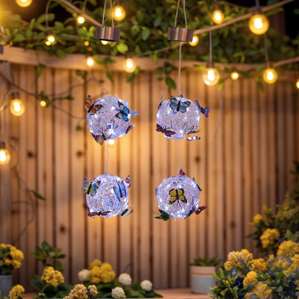 2 Balls Colorful Butterfly Solar Globe Light 4.3in Hanging Outdoor Lantern with Vibrant Butterfly Floral Lamp Solar-Powered Peaceful Pleasures Health and Wellness