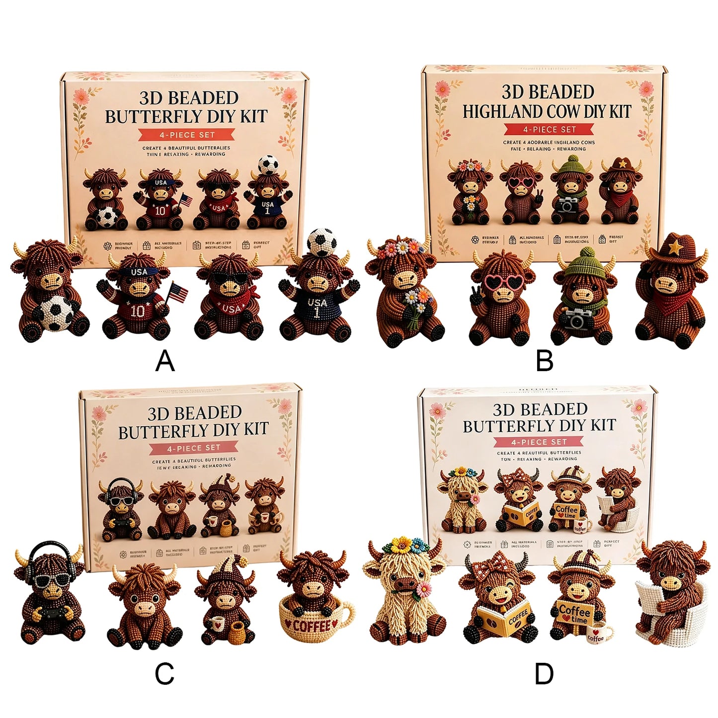 3D DIY Beaded Animal DIY Kit 4PCS Cute Highland Cow Beading Craft Set Animal Beading Kit Gift for Beginners & Craft Enthusiasts Peaceful Pleasures Health and Wellness