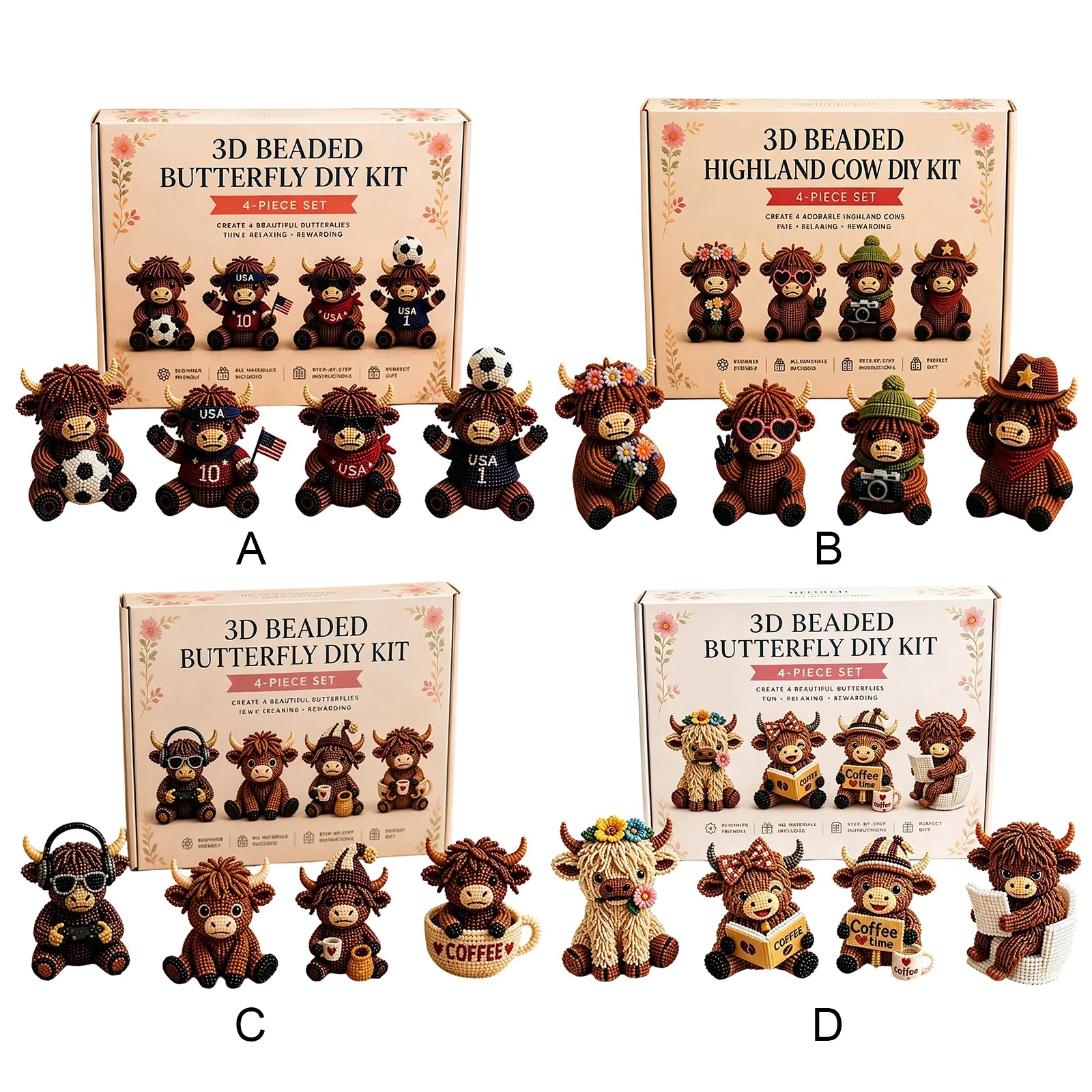 3D DIY Beaded Animal DIY Kit 4PCS Cute Highland Cow Beading Craft Set Animal Beading Kit Gift for Beginners & Craft Enthusiasts Peaceful Pleasures Health and Wellness