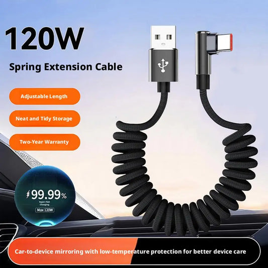 120W Fast Charging Coiled USB-C Cable – 90° L-Shape USB-C Charging Cable Oasis Select