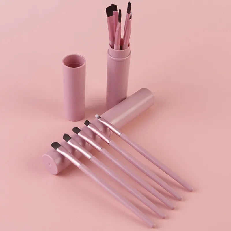 5-Piece Portable Makeup Brush Set with Barrel | Eye, Lip & Brow