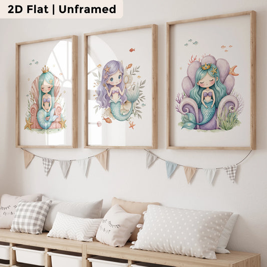 3-Piece Mermaid Princess Canvas Wall Art Print | Kids Room Decor Canvas Wall Art Set Peaceful Pleasures Health and Wellness CH027-3pcs 21x30cm Unframed