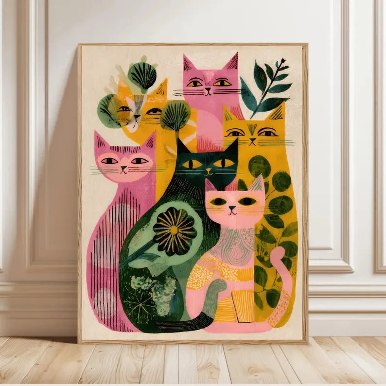 Retro Mid-Century Colorful Cats Canvas Wall Art Print Poster
