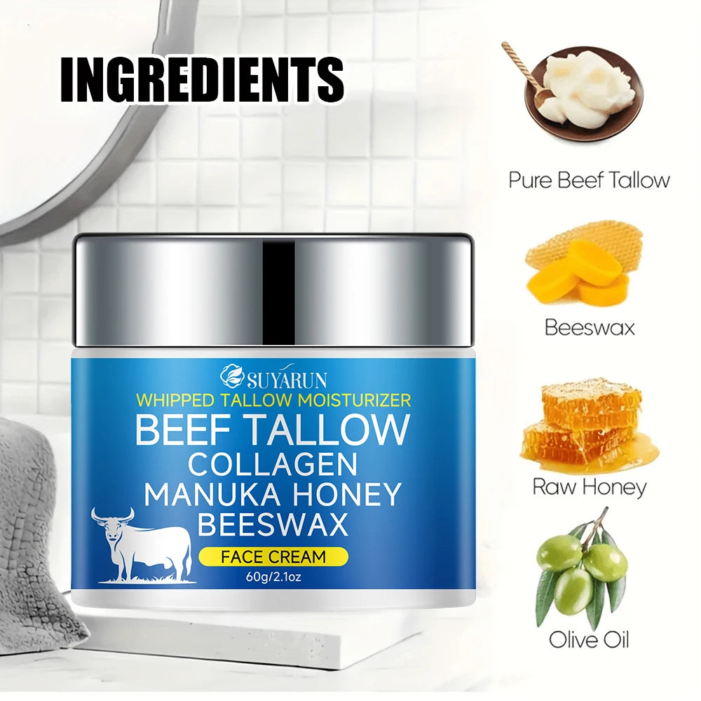 SUYARUN Natural Tallow Cream with Olive Oil & Raw Honey - Nourishing Anti-Aging Face Moisturizer for Dry Skin. Peaceful Pleasures Health and Wellness