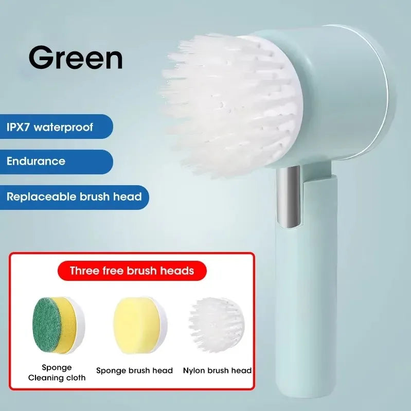 5-in-1 Electric Spin Scrubber Brush with 5 Heads for Bathroom Sink Bathtub Tile Shower Power Cleaning Peaceful Pleasures Health and Wellness E300 Green