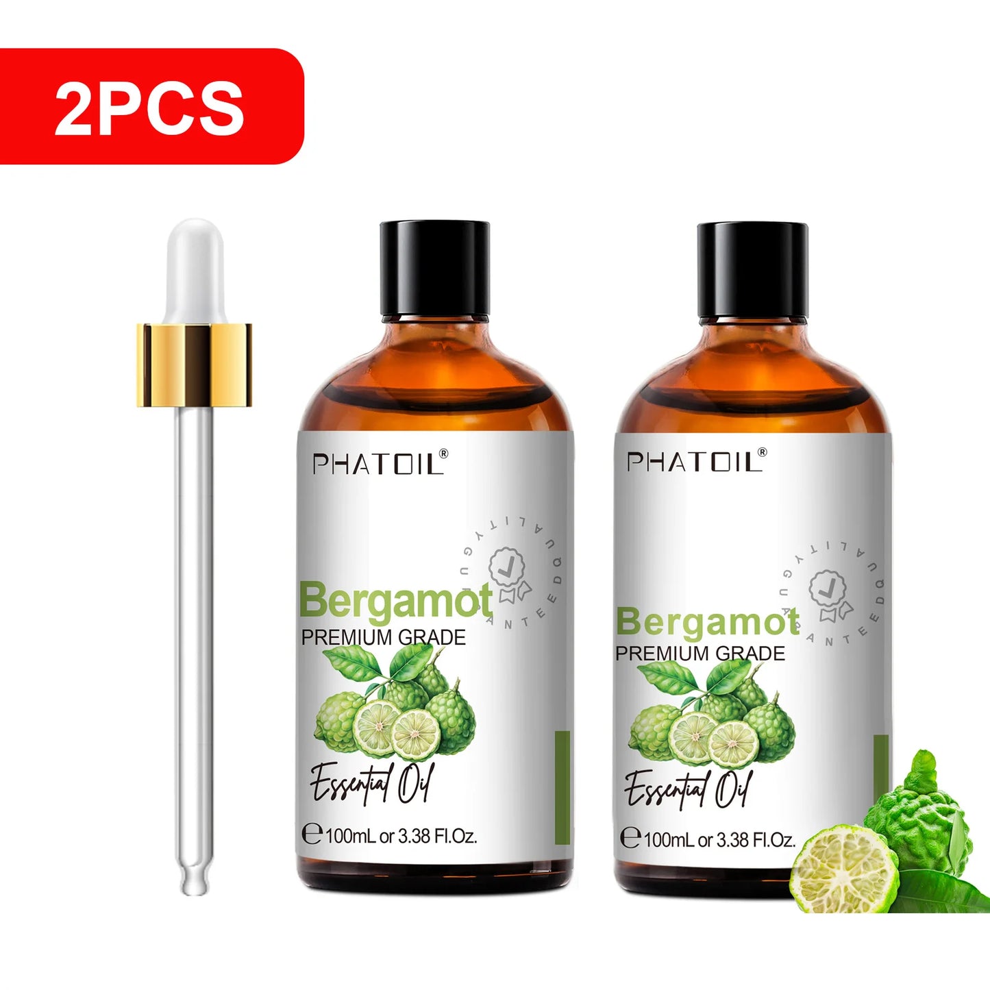PHATOIL 100ml(3.38 fl.Oz) Eucalyptus Peppermint Tea tree Vanilla Bergamot Aromatherapy Essential Oil For Diffuser,Candle Making Peaceful Pleasures Health and Wellness 2pcs Bergamot 100ml