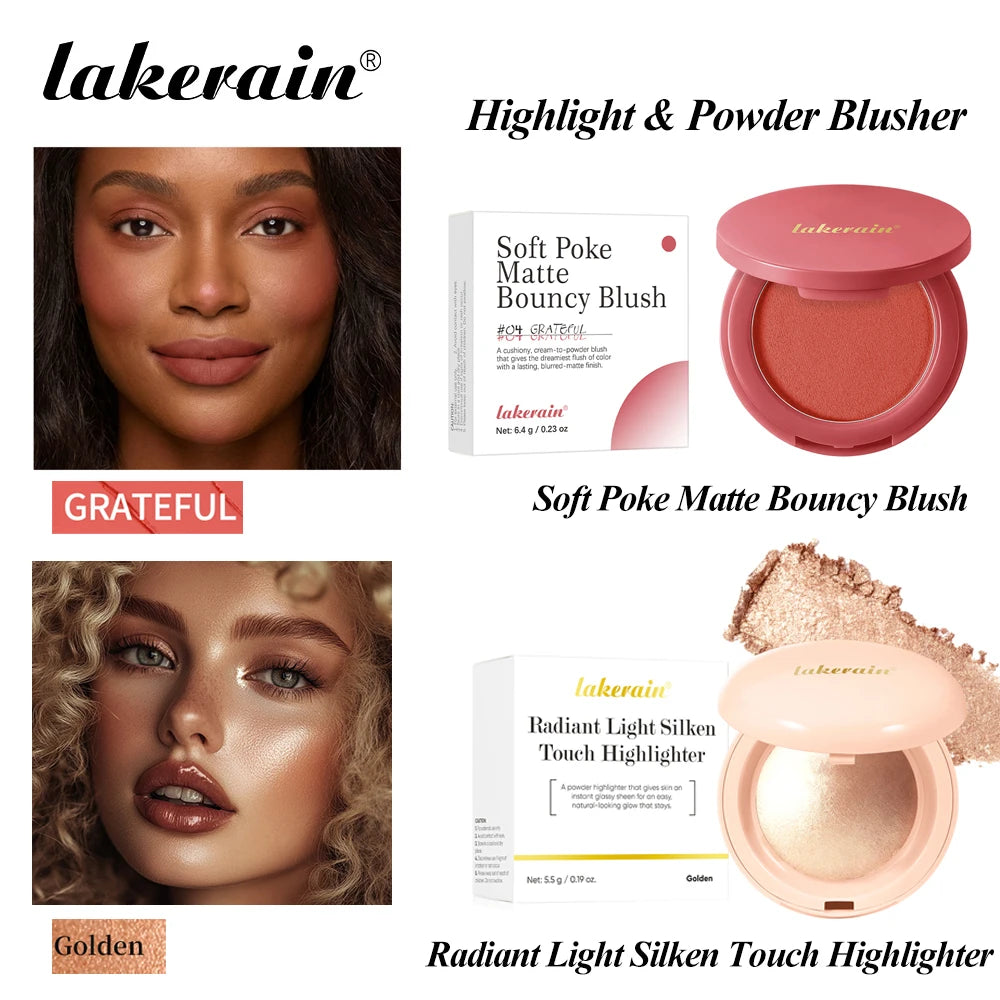 Matte Blush & Silken Touch Highlighter Set Smooth Texture Non-Flying Powder Fine Pearl Glow Waterproof Long Lasting Face Makeup Peaceful Pleasures Health and Wellness C