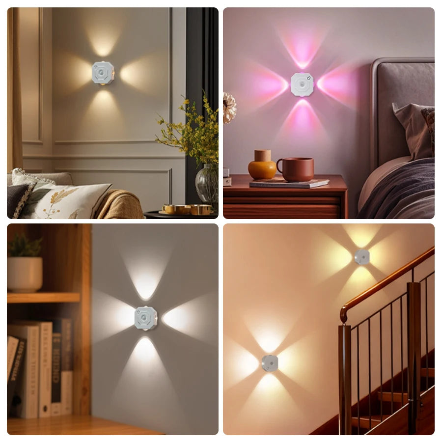 RGB 4-Headed Night Light Motion Sensor Magnetic Rechargeable Wall Lamp for Bedroom Cabinet Closet Hallway Stairs Room Decoration Peaceful Pleasures Health and Wellness