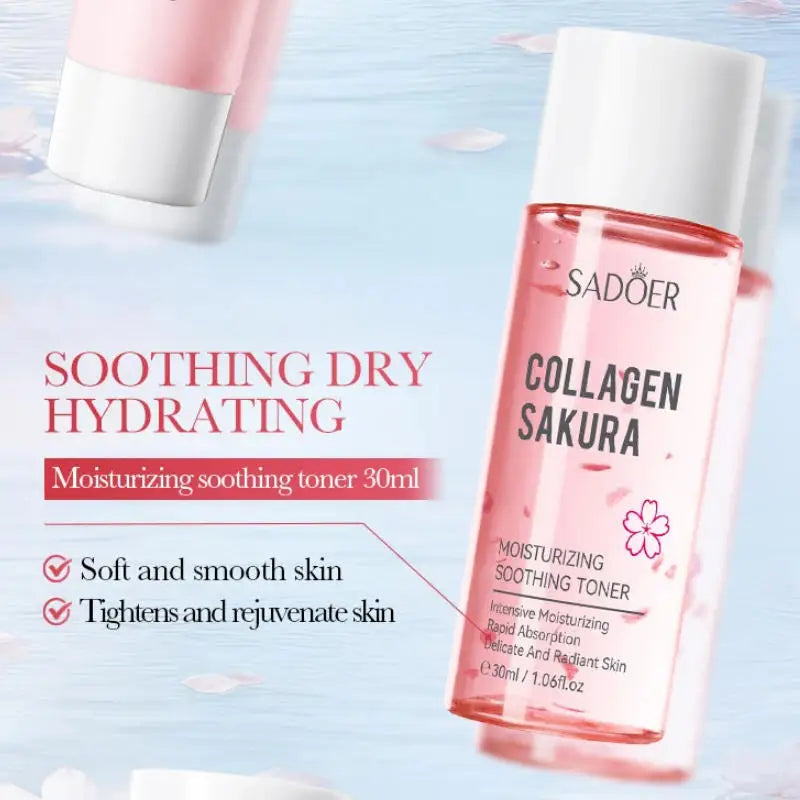 Collagen 6-piece Travel Skincare Set Gentle Cleansing Soothe Toner Hydrate Serum Nourish Face Cream Eye Cream Portable Mini Kit Peaceful Pleasures Health and Wellness