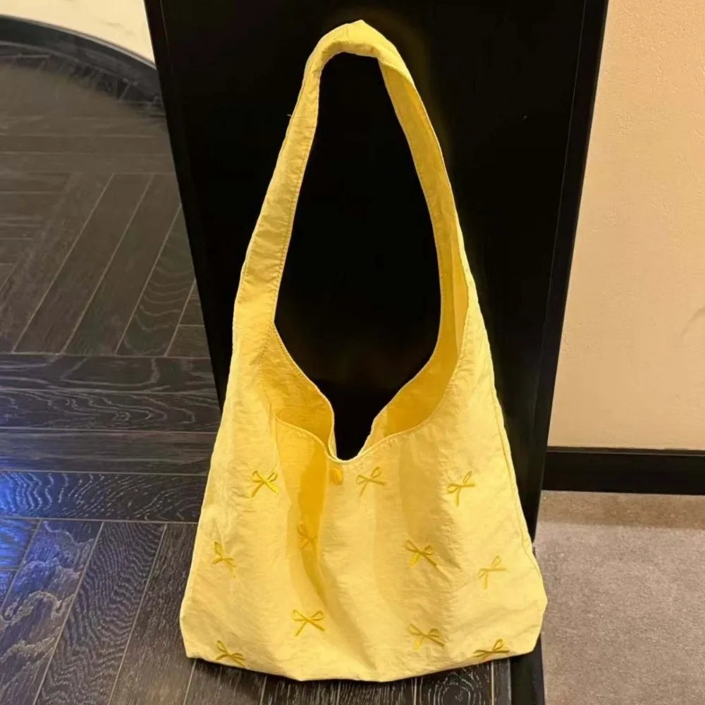 Bowknot Embroidered Canvas Tote Bag | Large Shoulder Handbag Canvas Tote Bag Peaceful Pleasures Health and Wellness Yellow