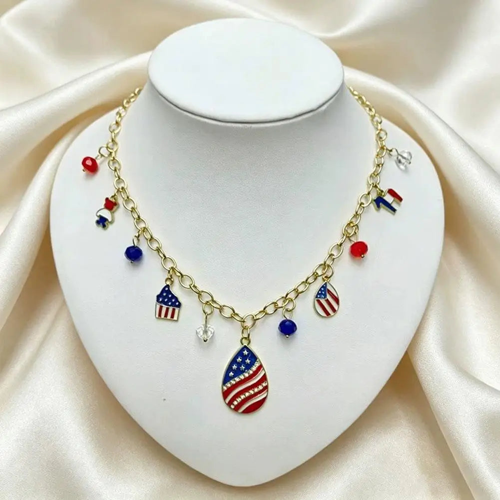 Patriotic Beaded US Flag Pendant Necklace | Gold Chain Gift