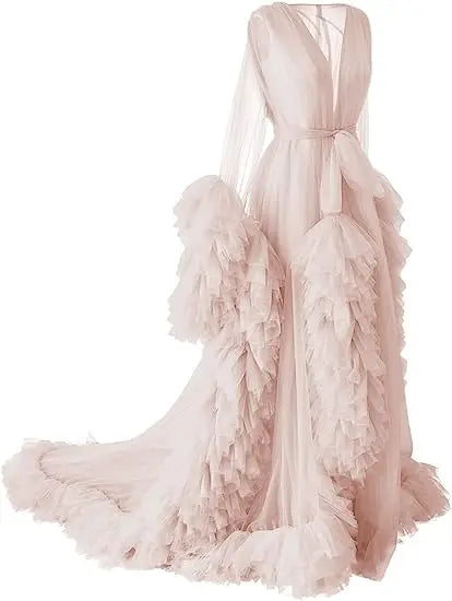 Deep V-Neck Lace Feather Maternity Gown | Photo Shoot Dress