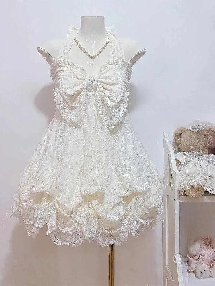 French Style Sweet Cute Polka Dot Splicing Dress Lace Bow Korean Fashion Dresses New Design Slim Waist Lady Y2k Mini Dress Peaceful Pleasures Health and Wellness 3901 white dress XL