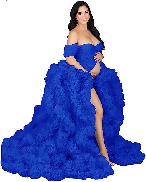 Deep V-Neck Lace Feather Maternity Gown | Photo Shoot Dress