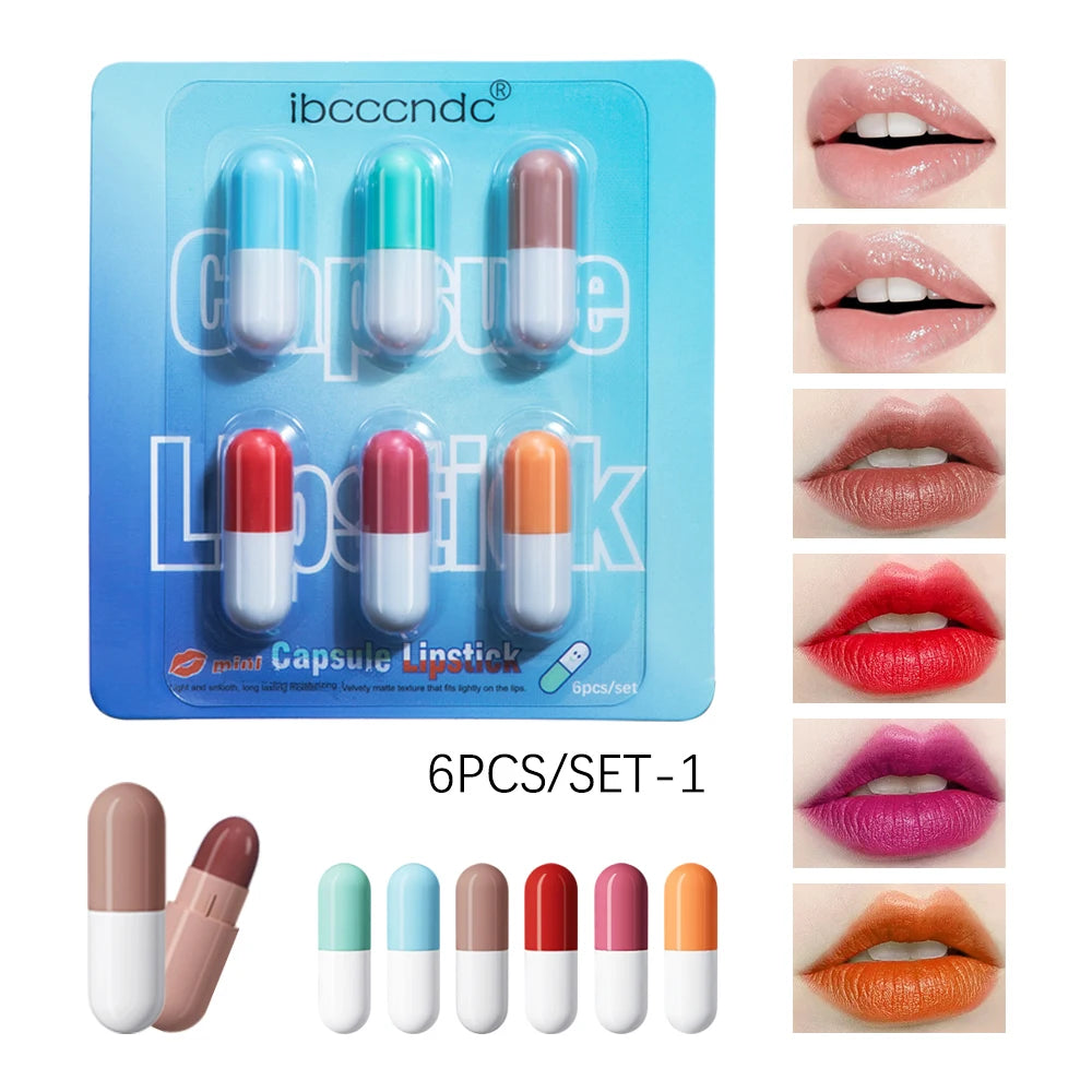 6pcs/set Mini Cute Capsule Lipstick Set with Lip Balm Moisturizing Waterproof Non-stick Cup Carry Pill Lipstick Lips Makeup Gift Peaceful Pleasures Health and Wellness