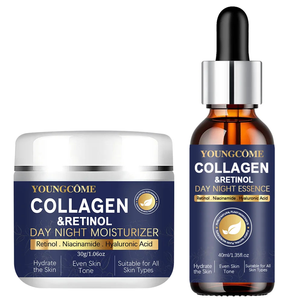Collagen Retinol + Stem Cell Day Night Moisturizer & Serum Set - Hydrating Firming Skin Care with Niacinamide Hyaluronic Acid Peaceful Pleasures Health and Wellness 30and 40ml