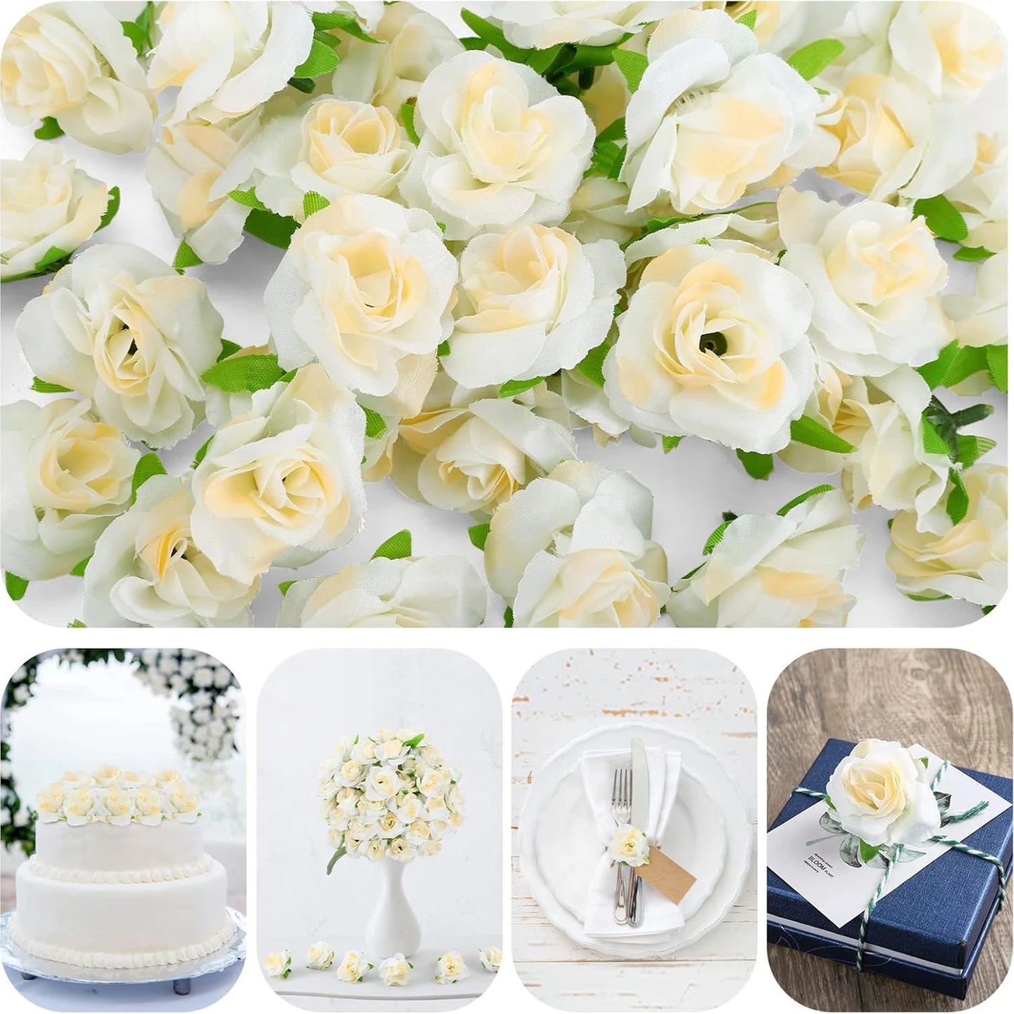 50/100PCS Cream Silk Rose Heads – Wedding, DIY & Craft Decor