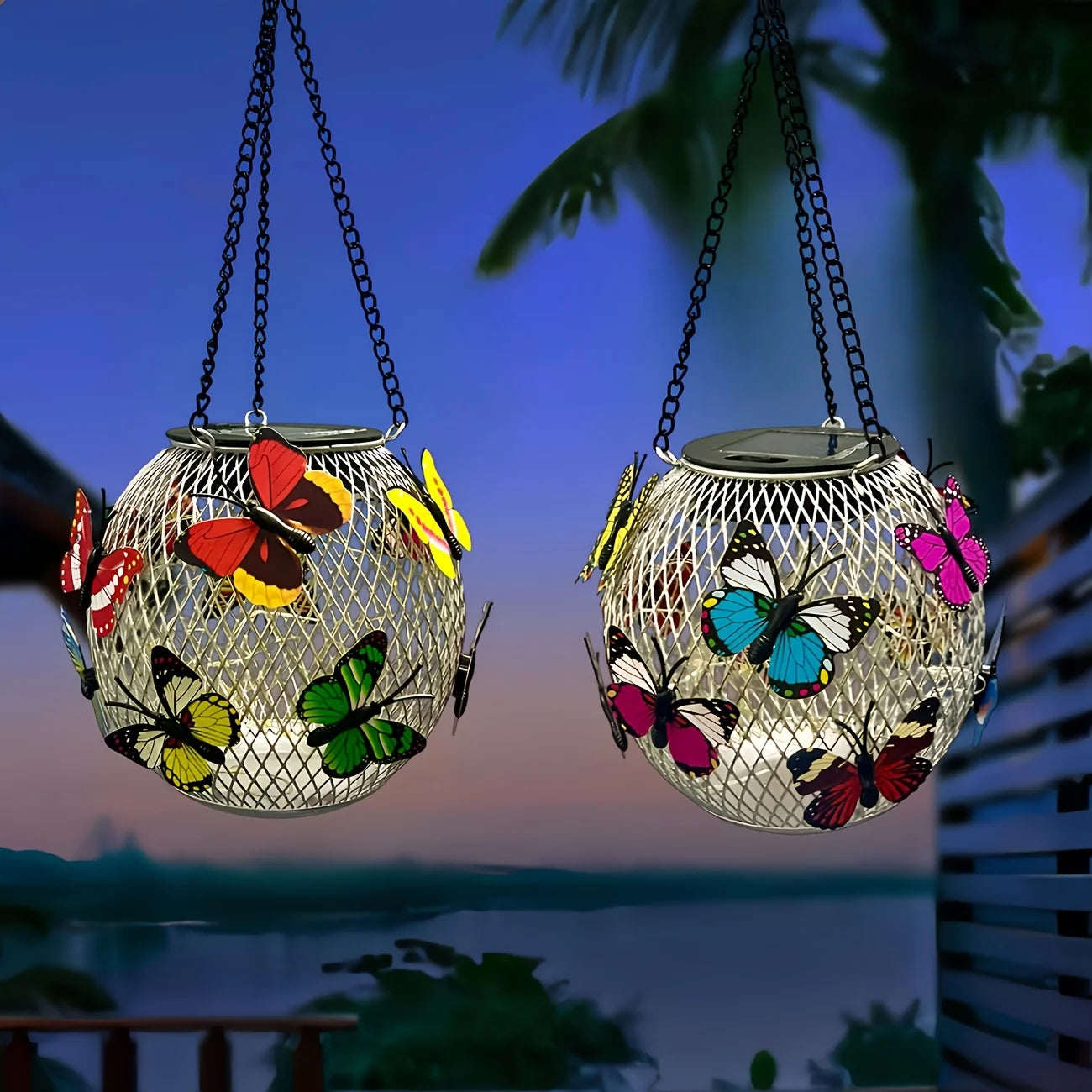 Solar Powered Hanging Lantern Metal Mesh LED Light Waterproof Outdoor Garden Yard Patio Decor Warm White/Butterfly Night Lamp Peaceful Pleasures Health and Wellness