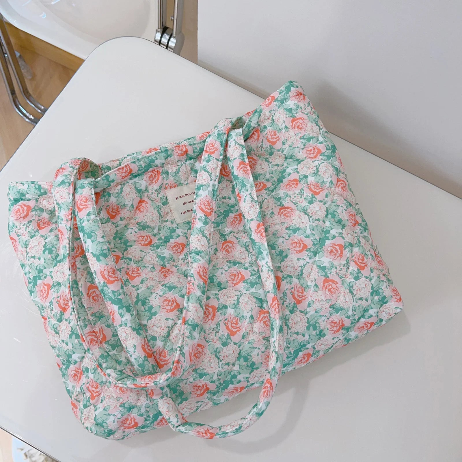 French Floral Quilted Tote Bag for Women Large Capacity Shoulder Handbag with Cotton Li-ning Stylish Mommy and Book Bag Peaceful Pleasures Health and Wellness