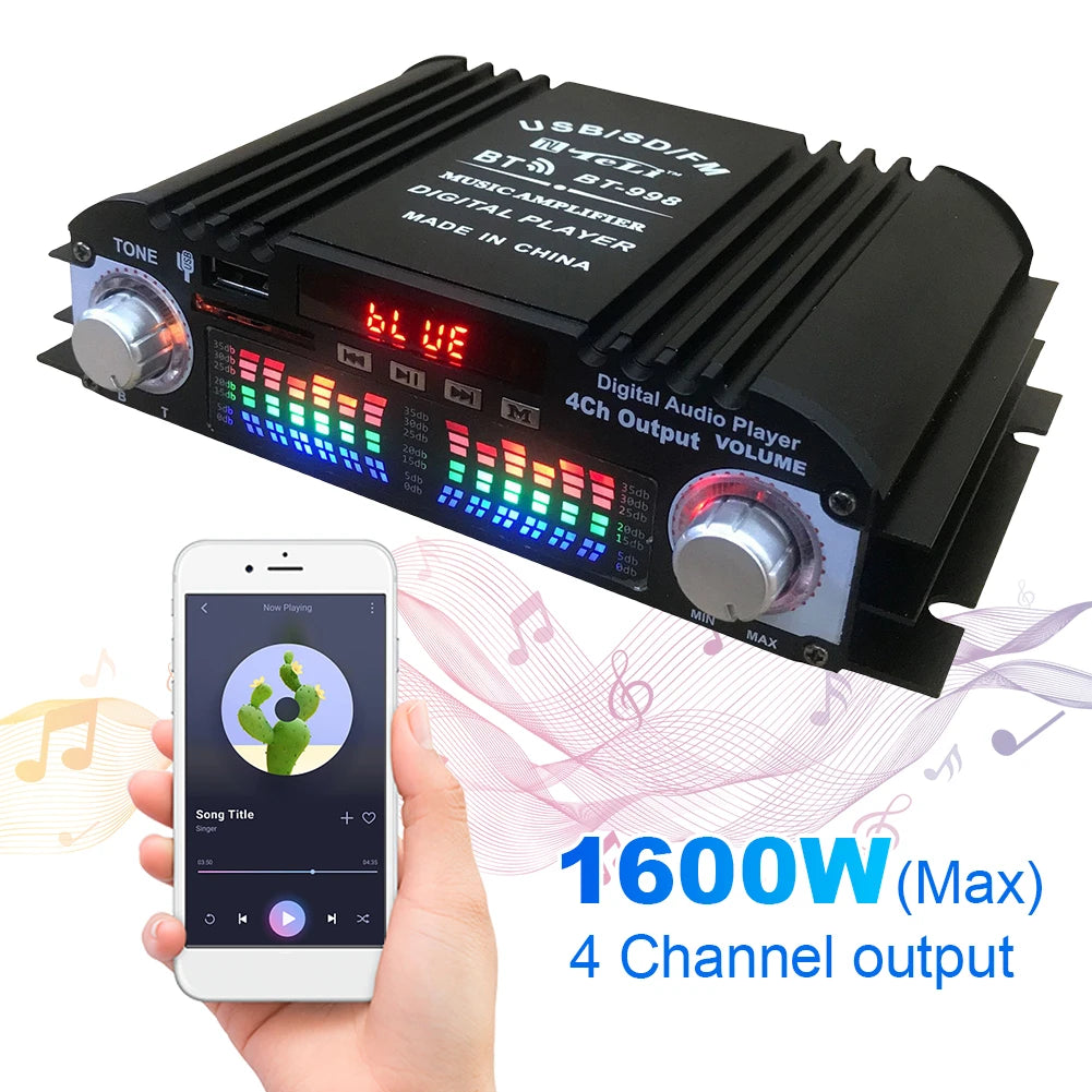 1600W Peak Power Home Car Power Amplifier FM Radio USB Bluetooth-Compatible 4 Channel Bluetooth-Compatible Sound Remote Control Peaceful Pleasures Health and Wellness