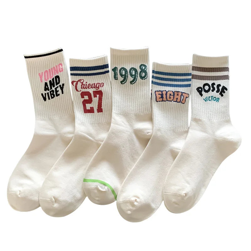 5 pairs of sports socks for women in autumn winter with striped letters sweat absorbing odor proof retro women's socks Peaceful Pleasures Health and Wellness