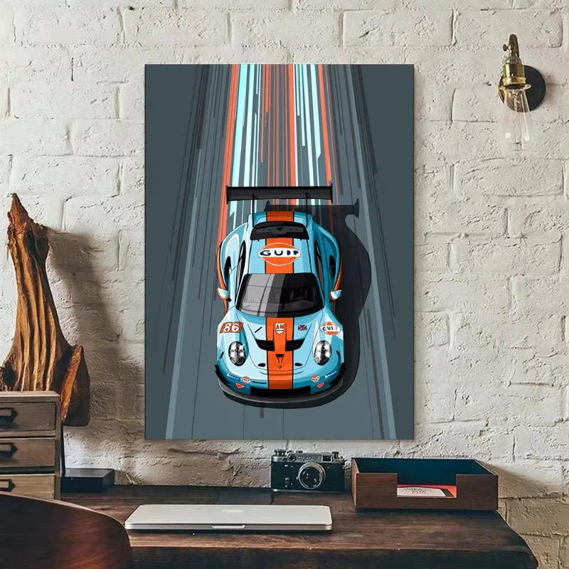 Cartoon Racing Car Canvas Wall Art | Boys Motorsport Poster