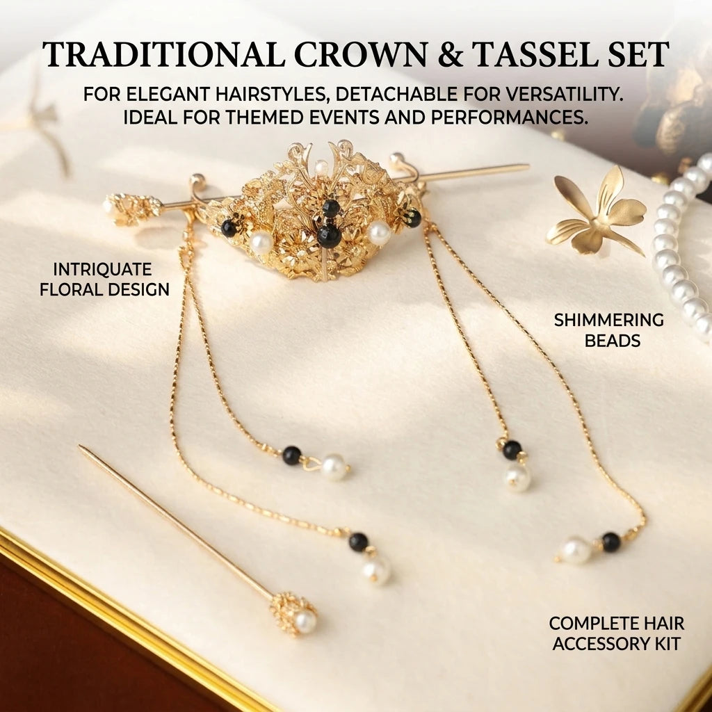 Ancient Style Tassel Step Shake Hair Crown for Hanfu with Double Layer Tassels, Unisex Traditional Chinese Costume Accessory Peaceful Pleasures Health and Wellness
