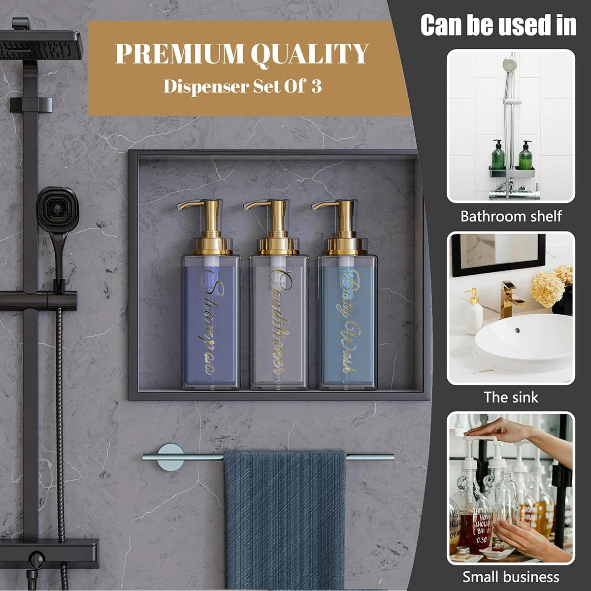 Bathroom Shower Dispenser Shampoo and Conditioner Dispenser with Gold Pump16.9oz Empty Shower Bottles for Bathroom Peaceful Pleasures Health and Wellness