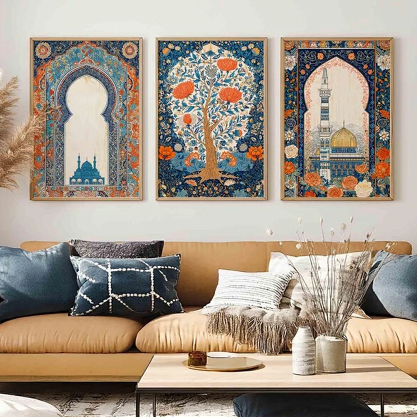 3-Piece Retro Islamic Mosque Canvas Wall Art | Indigo Orange