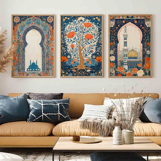 3-Piece Retro Islamic Mosque Canvas Wall Art | Indigo Orange Canvas Wall Art Peaceful Pleasures Health and Wellness G4461-3pcs 21x30cm Unframed