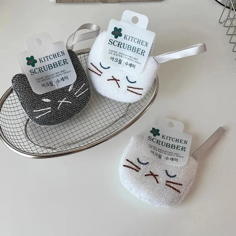 New Korean Style Cartoon Cat Kitchen Sponge Scouring Pad Set Thick Dishwashing Cloth Pot Brush Cleaning Wipe Rag for Household Peaceful Pleasures Health and Wellness
