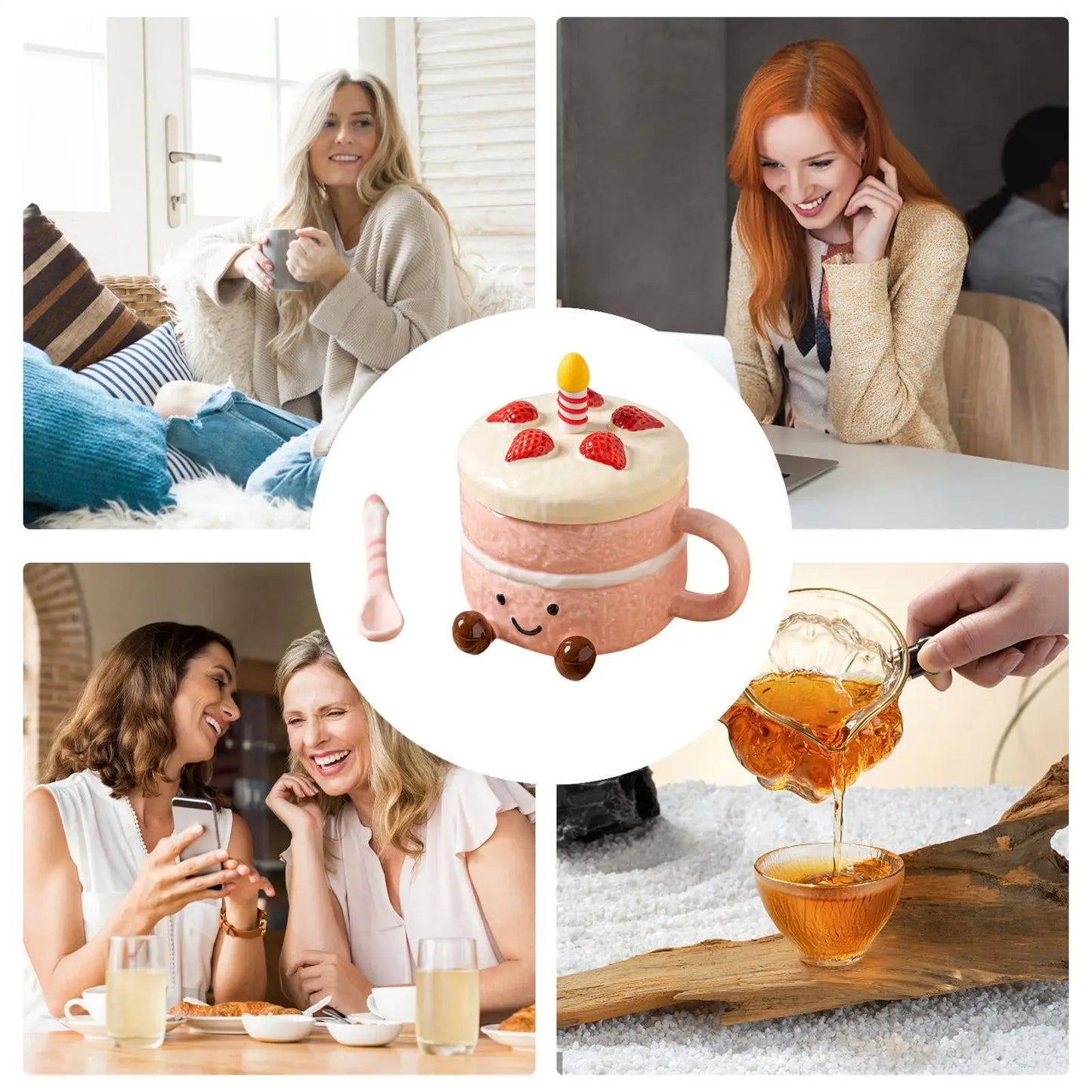 Novelty Coffee Mugs Cute Ceramic With Lid Spoon Feet Cake Shaped Aesthetic Mug Tea Cup For Women Christmas Birthday Valentines Peaceful Pleasures Health and Wellness