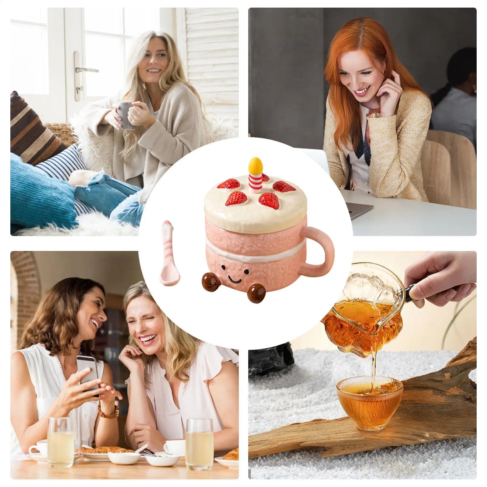Novelty Coffee Mugs Cute Ceramic With Lid Spoon Feet Cake Shaped Aesthetic Mug Tea Cup For Women Christmas Birthday Valentines Peaceful Pleasures Health and Wellness