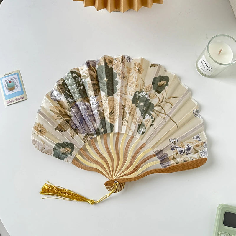 Silk Bamboo Folding Hand Fan – Vintage Floral Wedding & Dance Fan