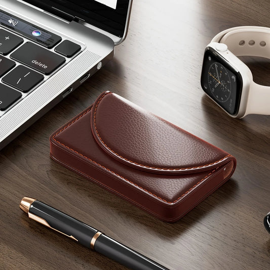 Lychee Leather Business Card Holder | Magnetic Closure Desk Business Card Holder Peaceful Pleasures Health and Wellness