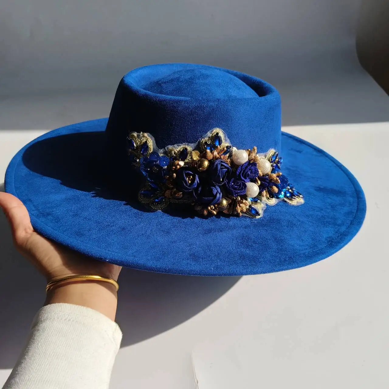 Vegan Suede Fedora Hat | Rhinestone Wide Brim Pork Pie