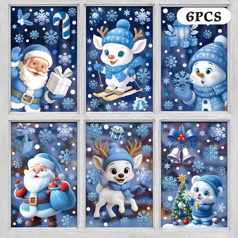 Blue Christmas Window Clings – Santa, Snowflakes & Reindeer Set