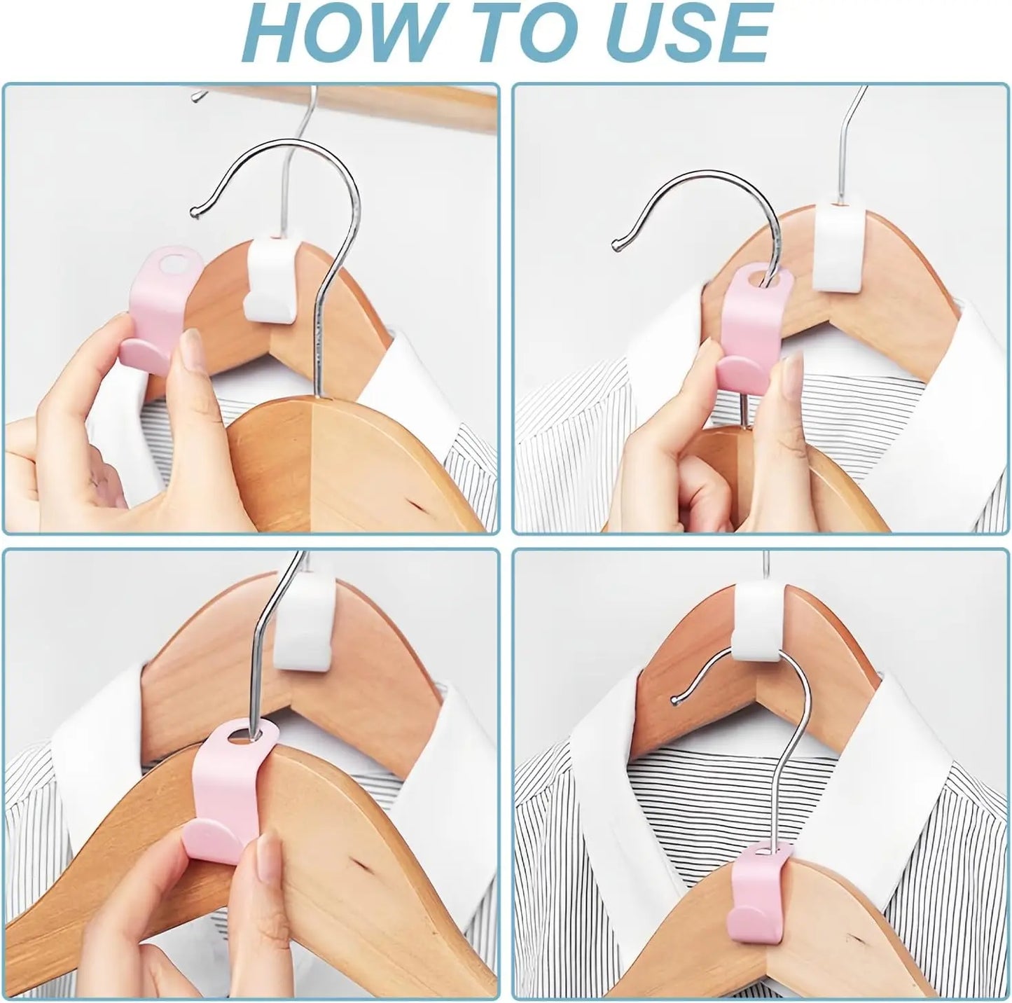 Step-by-step guide on how to use pink clips on wooden hangers.