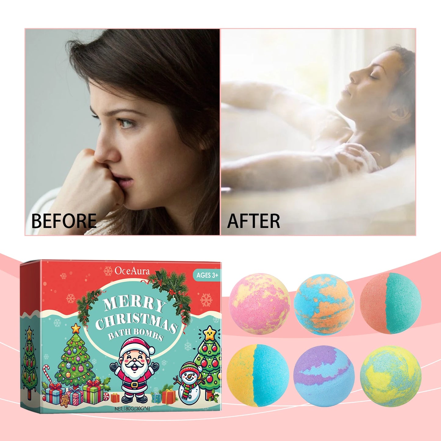 OceAura Christmas Bath Bombs 6-Pack | Plant-Based & Moisturizing